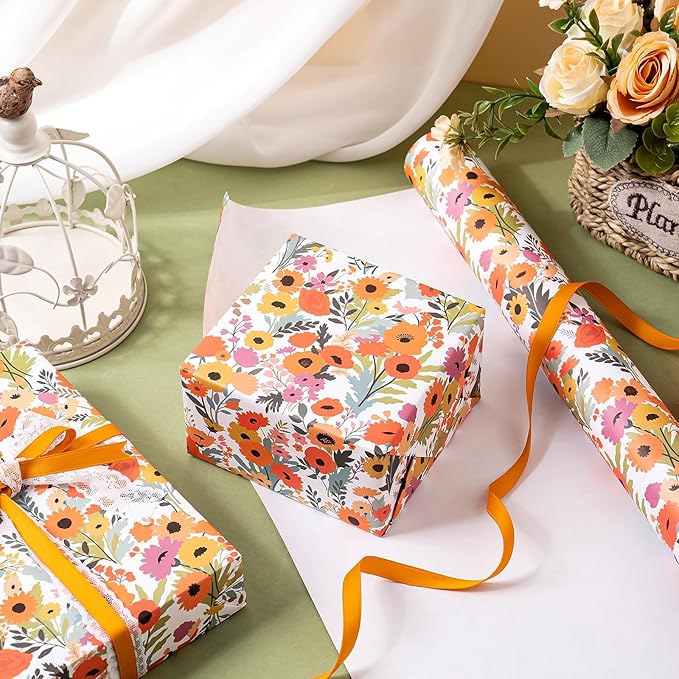 WRAPAHOLIC Kraft Floral Wrapping Paper Roll - Mini Roll - 17 Inch x 16.5 Feet - Bright Summer Flower Wrapping Paper, Perfect for Wedding, Birthday, Bridal Shower, Tea Party