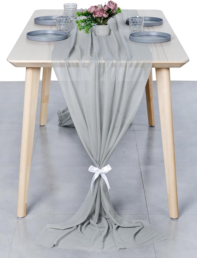MDS 2 Pack 14ft Chiffon Table Runner 29 x 170 Inches Sheer Wedding Runner Romantic Rustic Table Runner for Wedding Decorations, Birthday Parties, Bridal Shower Party Arch Decor - Gray