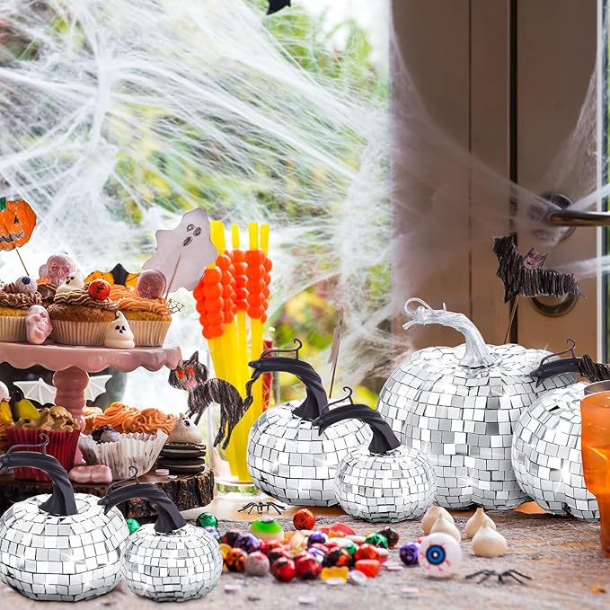 Lenwen 12 Pcs Artificial Disco Pumpkin Glitter Mirror Pumpkin for Decorating Fall Farmhouse Hanging Ornament Harvest Decor for Halloween Thanksgiving Table Centerpiece(Sliver)