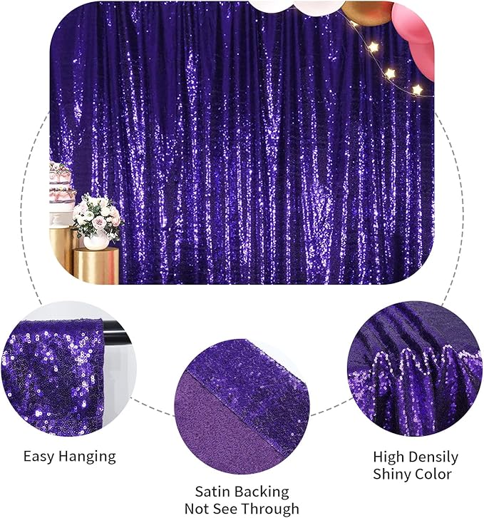 SquarePie Sequin Backdrop Curtain Not See Through Thick Glitter Background for Party 8FT x 8FT Purple