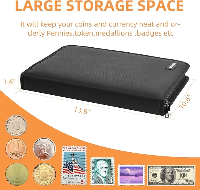 Fireproof Coin Collection Album for Collectors, 300 Pockets Coins Collecting Album & 36 Sleeves Money Storage Case for Coin Currency Collection Supplies, Bill, Pennies, Quarters, Stamp,F65C001B