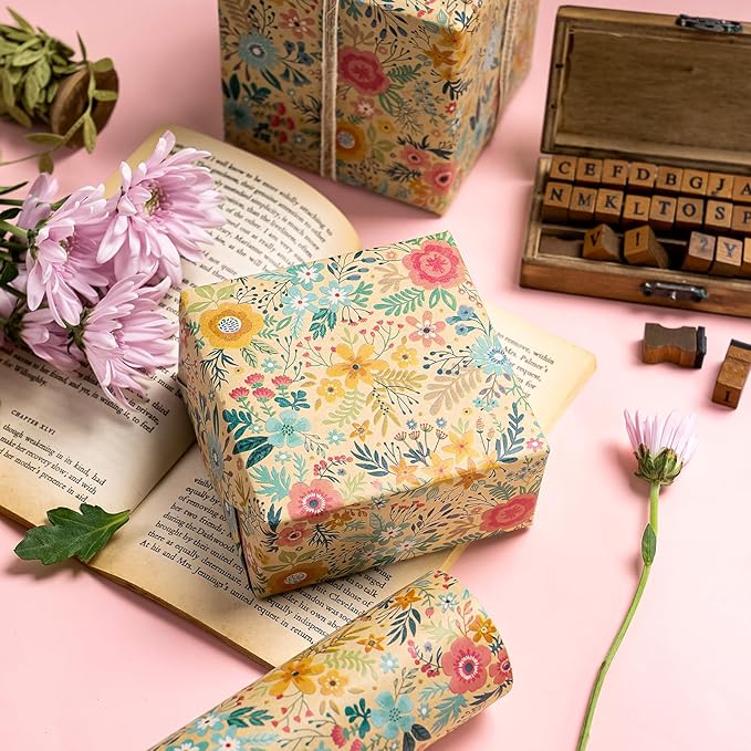WRAPAHOLIC 30 Inch Jumbo Kraft Floral Wrapping Paper Roll - 30 Inch x 33 Feet - Spring Summer Garden Flower Design Perfect for Wedding, Bridal Shower, Birthday