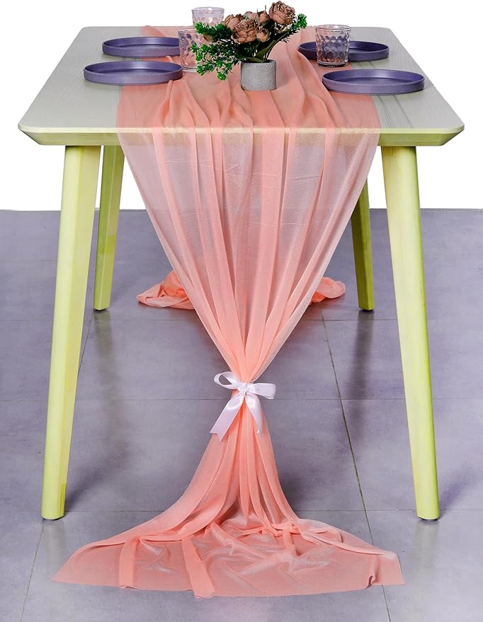 MDS 2 Pack 14ft Chiffon Table Runner 29 x 170 Inches Sheer Wedding Runner Romantic Rustic Table Runner for Wedding Decorations, Birthday Parties, Bridal Shower Party Arch Decor - Peach
