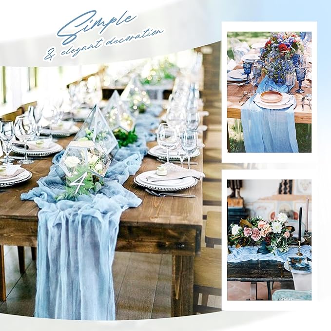 Aktor 4 Pack Light Blue Table Runner Boho Cheesecloth Table Runner Semi Sheer Gauze Fabric Runners for Wedding Birthday Baby Shower Party Boho Table Decoration(Light Blue)