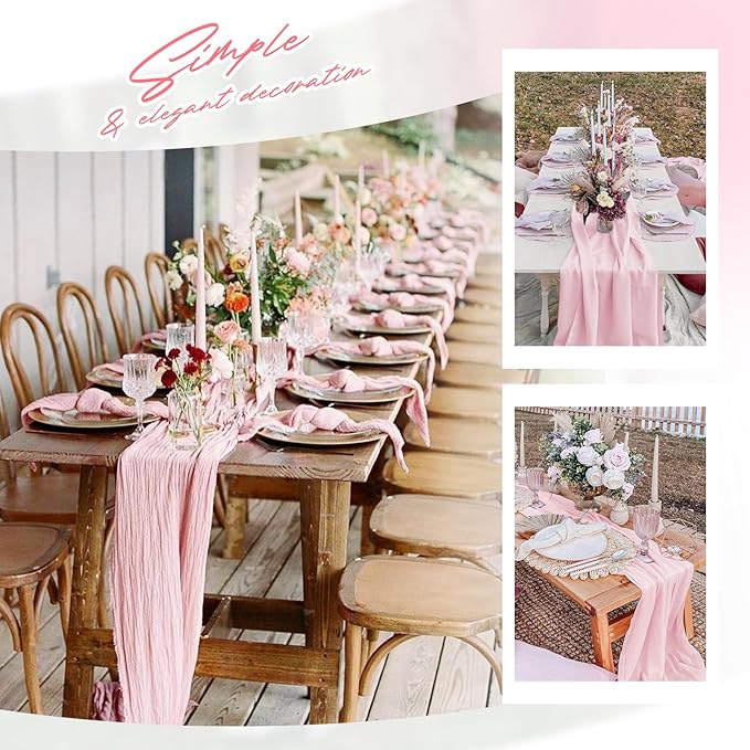 Aktor 4 Pack Pink Table Runner Boho Cheesecloth Table Runner Semi Sheer Gauze Fabric Runners for Wedding Birthday Baby Shower Party Boho Table Decoration(Pink)