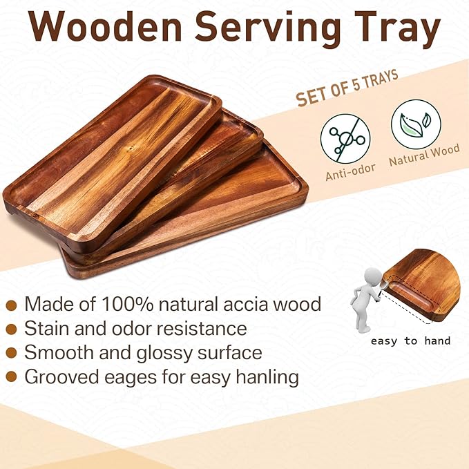 Roowest 5 Pack Solid Acacia Wood Serving Trays for Laser Engraving Rectangular Wooden Board for Food Appetizer Serving Tray Plates for Vegetables Fruit Cheese Housewarming Gifts(14 x 5.5 Inch)