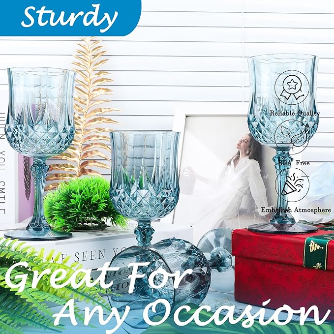 Plastic Wine Glasses,Plastic Goblets Vintage Style Cordial Drinking Glasses for Wedding Reception, Grand Event Party Supplies (48, Dusty Blue)