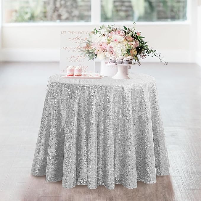 OQSQ Silver 50" Round Sequin Tablecloth, Glitter Tablecloth for Bridal Shower Decorations, Birthday, Wedding, Dessert, Banquet(50X50 inch Round,Silver.