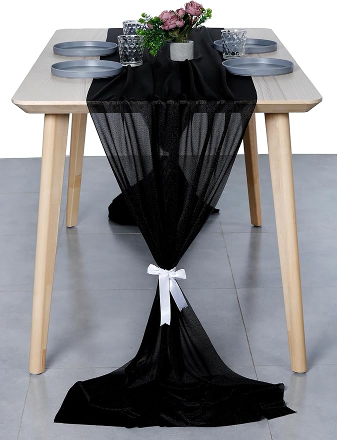 MDS Halloween Chiffon Table Runner - 15 Pack, 29 x 170 Inches, 14ft Each - Sheer Spooky Table Runners for Haunted House Parties, Trick-or-Treat Tables, Witchy Décor, Wedding & Events - Black