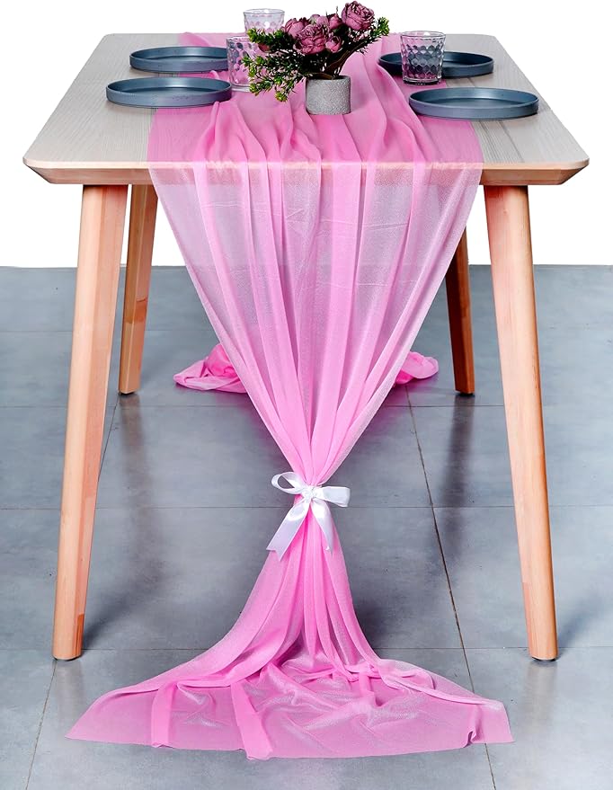 MDS 10 Pack 10ft Chiffon Table Runner 29 x 120 Inches Sheer Wedding Runner Romantic Rustic Table Runner for Wedding Decorations, Birthday Parties, Bridal Shower Party Arch Decor - Bubblegum Pink