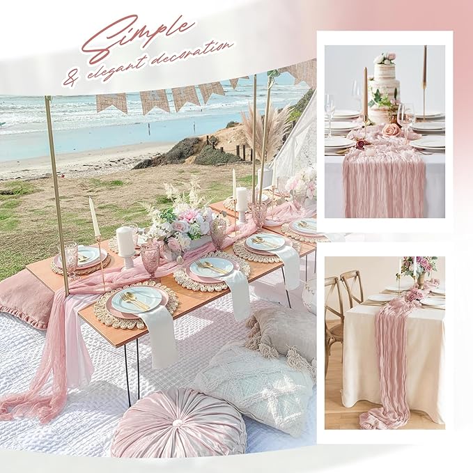 Aktor 12 Pack Dusty Pink Table Runner Boho Cheesecloth Table Runner Semi Sheer Gauze Fabric Runners for Wedding Birthday Baby Shower Party Boho Table Decoration(Dusty Pink)