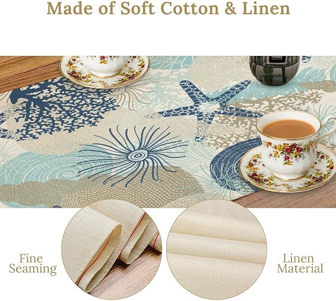 Nautical Coastal Table Runner,Ocean Themed Starfish Coral Conch Beach Kitchen Dinning Table Decoration for Indoor Outdoor Home Party Decor 13x108 Inch
