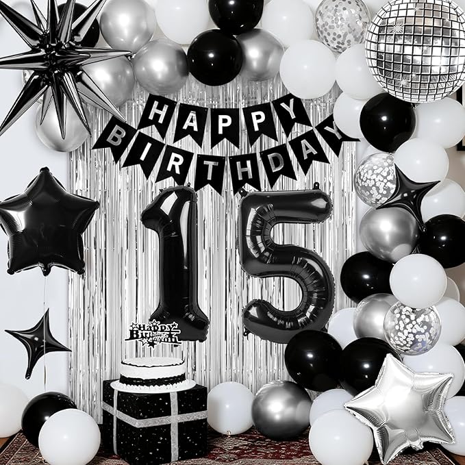 15th Birthday Decorations for Boys Girls, Black Silver Happy Birthday Party Decorations, 15 Year Old Party Supplies with Number 15 Balloons, Banner, Fringe Curtains Kit