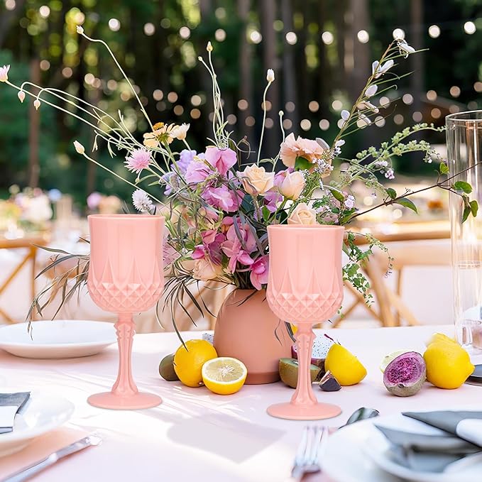 Plastic Vintage Wine Glasses 7OZ Plastic Goblets Vintage Drinking Glasses 12PCS Retro Wedding Glassware Water Goblets Reusable Drinking Cups for Party,Reception,Celebration,Bar,Whiskey(Light Pink)