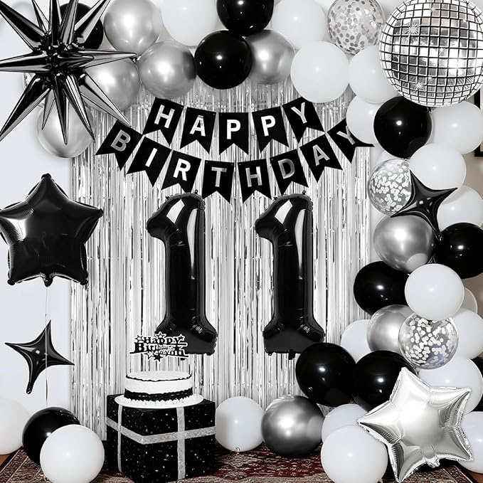 11th Birthday Decorations for Boys Girls, Black Silver Happy Birthday Party Decorations, 11 Year Old Party Supplies with Number 11 Balloons, Banner, Fringe Curtains Kit