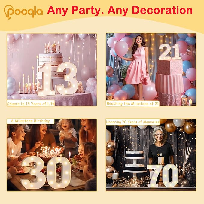 Pooqla Decorative LED Light Up Number Letters, White Plastic Marquee Number Lights Sign for 90th Birthday Party Wedding Decor, Battery Operated