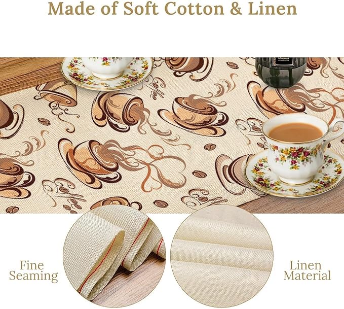 Coffee Time Table Runner, Farmhouse Retro Coffee Cup Tea Party Cafe Table Center Decor for Home Kitchen Dining Patio Holiday Party Indoor Outdoor Table Decorations,13"x36" Inch