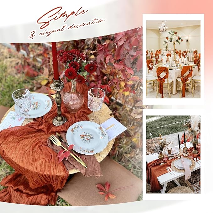 Aktor 4 Pack Terracotta Table Runner Boho Cheesecloth Table Runner Semi Sheer Gauze Fabric Runners for Wedding Birthday Baby Shower Party Boho Table Decoration(Terracotta)
