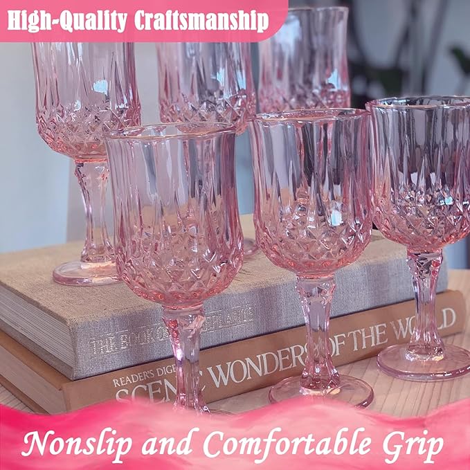 Plastic Wine Glasses,Plastic Goblets Vintage Style Cordial Drinking Glasses for Wedding Reception, Grand Event Party Supplies (48, Pink)