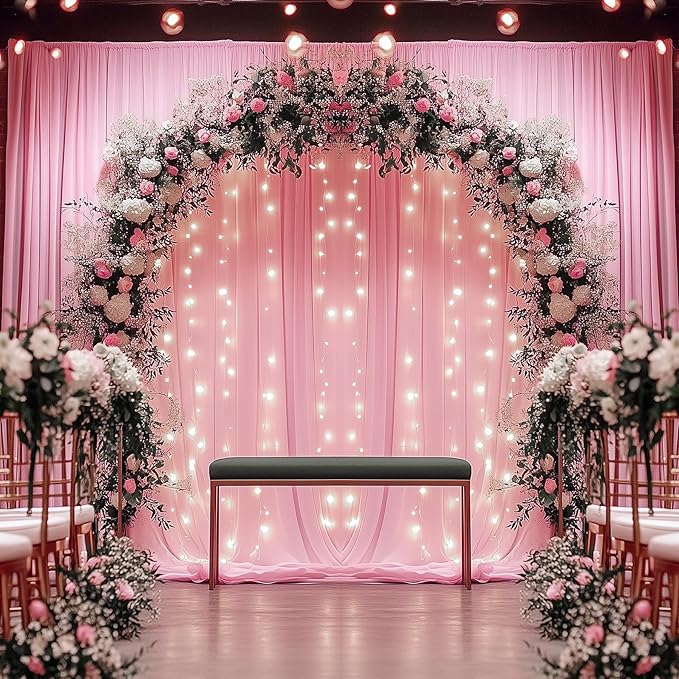 60ftx14FT Wrinkle Free Pink Backdrop Curtain, 12 Panels 14FT Height Pink Wedding Backdrop Drapes, Silky Polyester Back Drop Cloth for Birthday Photography Background Party Backdrop Draping
