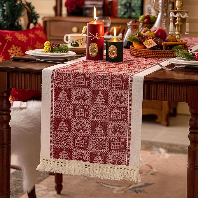 Table Runners 83 Inches,Christmas Tree Table Runner with Tassel Fringe,Gift Table Runner for Party,Coffee Table, Festival