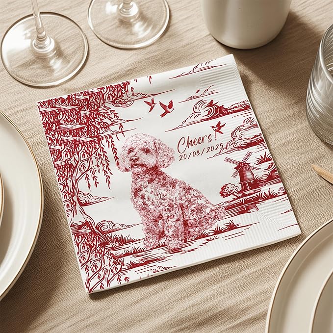 Luxury Personalized Dog Wedding Napkins, Custom Wedding Cocktail Napkins, Blue Floral Cocktail Napkin, Personalized Paper Napkin for Birthday, Engagement Party, Bridal Shower