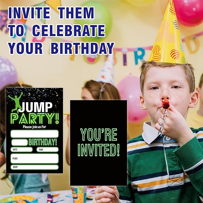 Glow Trampoline Birthday Invitations, Jump Party Invite Cards(20 Count) With Envelopes, Fill In Style Invite Cards For Boys & Girls, Birthday Party Supplies-C01