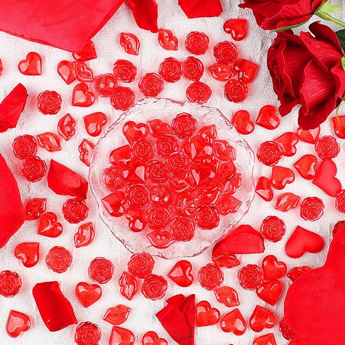 Fangoo 180PCS Red Acrylic Heart Ornaments Mini Acrylic Heart Rose Flower Lips Gems for Valentine Vase Filler Decor for Table Scatter Engagement Valentine's Day Wedding Anniversary Party(Red 12oz)