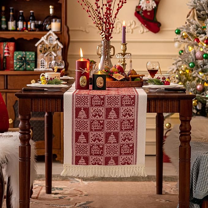 Table Runners 48 Inches,Christmas Tree Table Runner with Tassel Fringe, Gift Table Runner for Party,Coffee Table, Festival