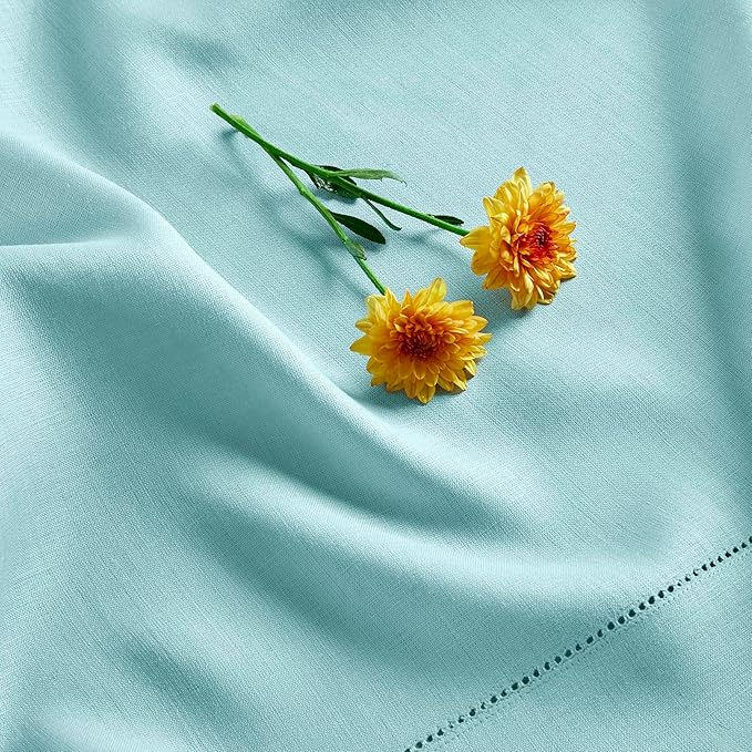 Solino Home Linen Aqua Blue Table Runner 132 Inches Long - 100% Pure Linen Extra Long Table Runner 14 x 132 Inch for Christmas, Holiday - Classic Hemstitch