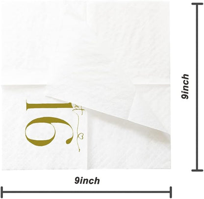 SharkBliss Sweet 16 Happy Birthday Cocktail Napkins, 100 Pack Gold Sweet 16 Happy Birthday Paper Cocktail Beverage Napkins in Bulk for His Her Sixteen 16th Birthday | 2-Ply, 5x5" (Sweet 16 Napkins)