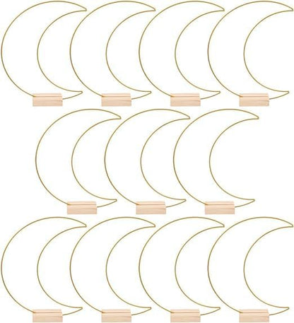 Dining Table Decor 10 Sets Metal Floral Hoop Moon Shaped Metal Wreath Ring Stand with Wood Holder Centerpiece Table Decor for DIY Xmas Wedding Table Decor Flower Garlands (Moon,26x20cm