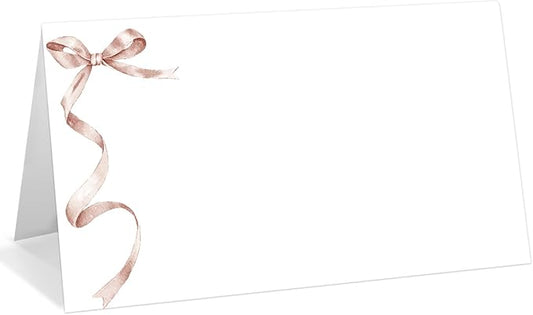 25 Pack Pink Bow Place Cards, Editable Name Cards for Table Setting, Tent Cards Food Label for Dinner Party, Bridal Shower, Wedding, Baby Shower and Events -T28