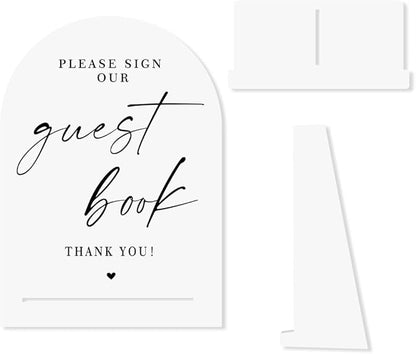 White Acrylic Guest Book Sign, Please Sign Our Guestbook Sign with Stand- 8x11 Inch Modern Calligraphy Arch Diagonal Acrylic Sign for Wedding Reception, Wedding Decoration Sign-bs-hlp05