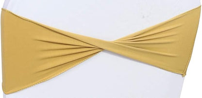 VDS Pack of 100 PCS | Gold | Spandex Chair Sashes Bows Without Buckle | Stretch Elastic Banquet Universal Folding Chair Band Tie with for Wedding Party Conference Celebration Event Decoration
