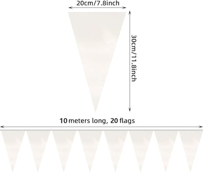 20M/65FT White Triangle Pennant Banner Flag Metallic Fabric Bunting Garland for Christmas Graduation Wedding Engagement Anniversary Bachelorette Birthday Bridal Shower Valentines Hen Party Supplies