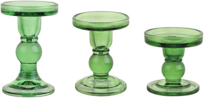 3-Piece Set of Green Glass Candlestick, Crystal Candlestick Holder Holder and Conical Candle, Christmas Candle Holder Decoration, Family Living Room Wedding Candle Holder (green1set)