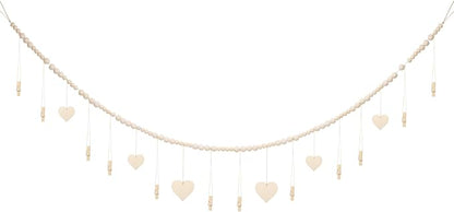 joycraft 5Ft Photo Banner with Clips, Photo Garland with Wooden Beads, Photo Clip String, Boho Photo Display for Bedroom, Office, Dorm, and Party Decor(11Pcs Clips + 6Pcs Wooden Heart Tags)