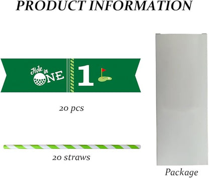 Golf Themed Birthday Party Straw Decor, 20 PCS Hole In One 1st Birthday Disposable Paper Cocktail Drinking Straw With Flag Tag for Baby 1st Birthday Party Decorations (Hole In 1)