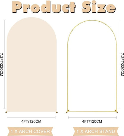 7.2FT Wedding Arch Backdrop Stand and Beige Arch Cover, Beige Spandex Fitted Backdrop Cover and Gold Wedding Arch Frame for Birthday Party Wedding Ceremony Bridal Baby Shower, Parties Decoration.