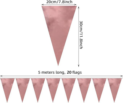 20M/65FT Rose Gold Triangle Pennant Banner Flag Metallic Fabric Bunting Garland for Christmas Wedding Birthday Anniversary Bridal Shower Engagement Graduation Hen Party Decorations Supplies