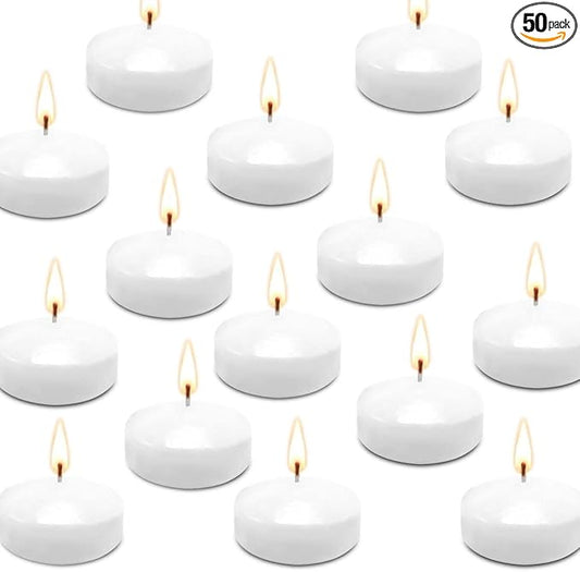 JHENG 50 Pack Floating Candles, 2'' White Unscented Dripless Wax Burning Candles, for Cylinder Vases, Weddings, Party and Holiday
