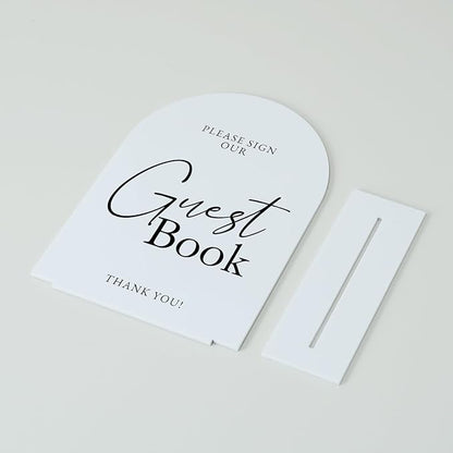 White Arch Acrylic Wedding Sign- 5"x7" Guest Book Sign and Base,1/8" Thick | Modern Calligraphy Arched Acrylic Table Sign for Wedding & Event Party