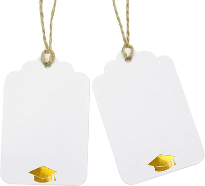 100Pcs Blank Gift Tags with String Foil Gold Grad Cap Large White Paper Gift Tags with 65 Ft Jute Twine for Congrats Grad Congratulations Graduation Party