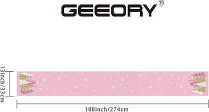 GEEORY Christmas Table Runner 13x108 Inch, Xmas Trees Snowflakes Holiday Decorative Farmhouse Table Decoration for Kitchen Dinning, Indoor Outdoor Dinner Party Decor (Pink) GT153-108