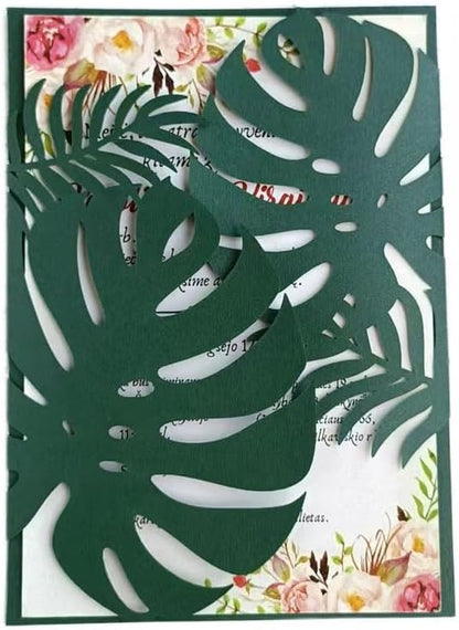 MillaSaw Emerage Green Laser Cut Invitation, Plame Wedding Laser Cut Jacket for 5x7 Card, Tropical Scene Wedding Invitation (emerage green)