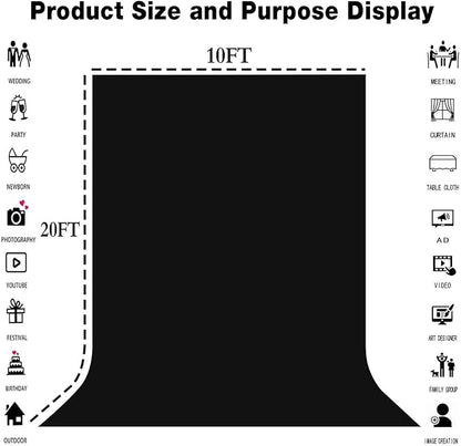 Large Black Screen Backdrops 10x20ft Solid Black Photo Backdrops for Photoshoot, Photography Background for Photo Shooting, Party, Videos