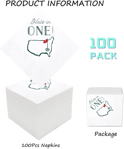Golf Cocktail Napkins, 100 Pack Hole in One First Birthday Golf Themed Paper Disposable Cocktail Beverage Napkins for Baby 1st Hole In One Birthday Decorations 2-Ply, 5x5 Inches (Hole in One)