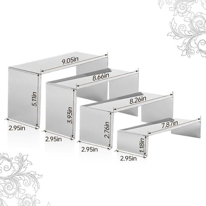 4 Pcs Silver Stainless Steel Display Risers, Display Stand for Display Cupcake Dessert Perfume Purse Handbag Shoe Jewelry and Funko Pop
