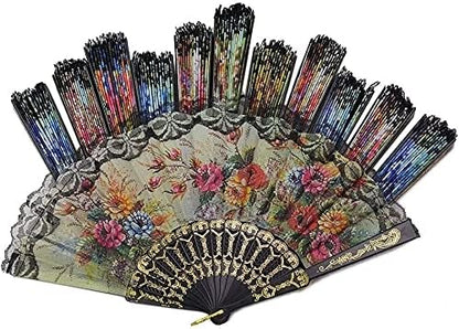 HUNANBANG 1 Dozen 12 Pieces Folding Hand Fans Church Wedding Gift, Party Favors, DIY Decoration Gift Size9 Wholesale 12pack (Flower)